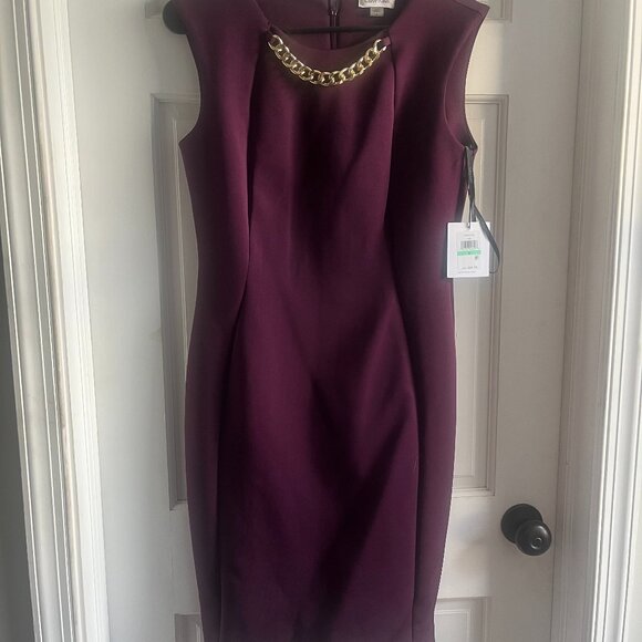 NWT Calvin Klein Plum Sleeveless Sheath Dress with Gold Chain Neckline - Picture 1 of 1